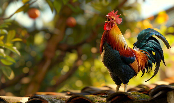 Rooster singing on the roof top, free range farm concept, generated by ai