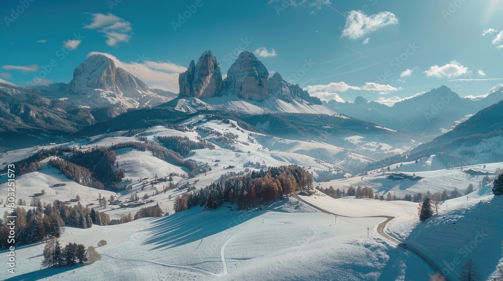 Aufkleber a picturesque view of snowy mountain range with trees and mountains in the background. ideal for nat
