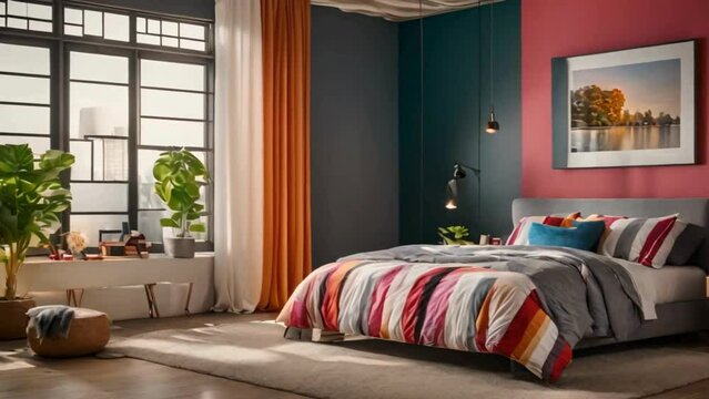 interior of a bedroom with colorful bedsheet