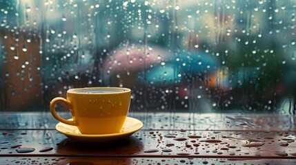 Fototapeta premium Cozy Coffee Respite Amid Rainy Outdoor Scenery