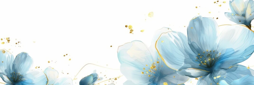 Elegant blue flowers with golden splashes on white background
