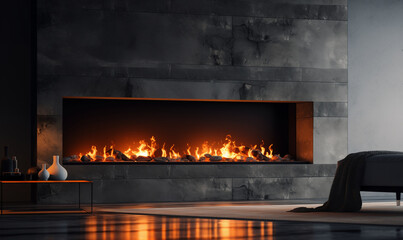 Fireplace with wood fire, modern design, generated ai