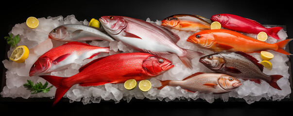 Fresh fish on ice, seafood, generated ai
