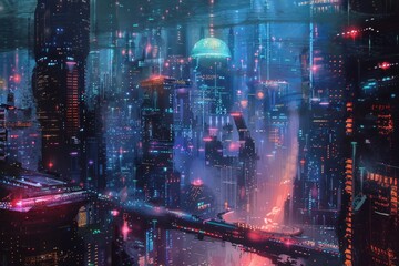 A modern cityscape with illuminated buildings, perfect for futuristic concepts
