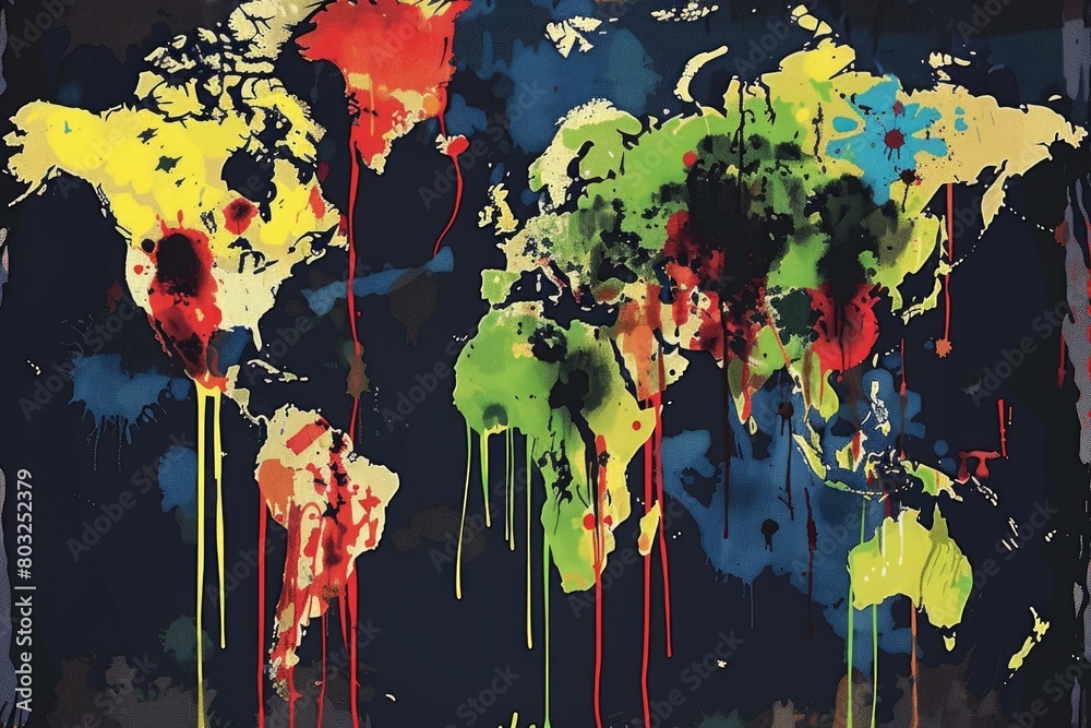 Poster a colorful world map covered in vibrant paint. ideal for educational or artistic projects