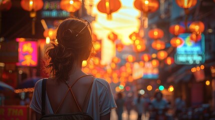 Obraz premium Female travelers explore Asia, Thailand, and delight in the bustling streets of Bangkok's lively Yaowarat district.