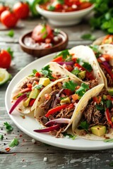 A white plate with three delicious tacos. Perfect for food blogs or restaurant menus