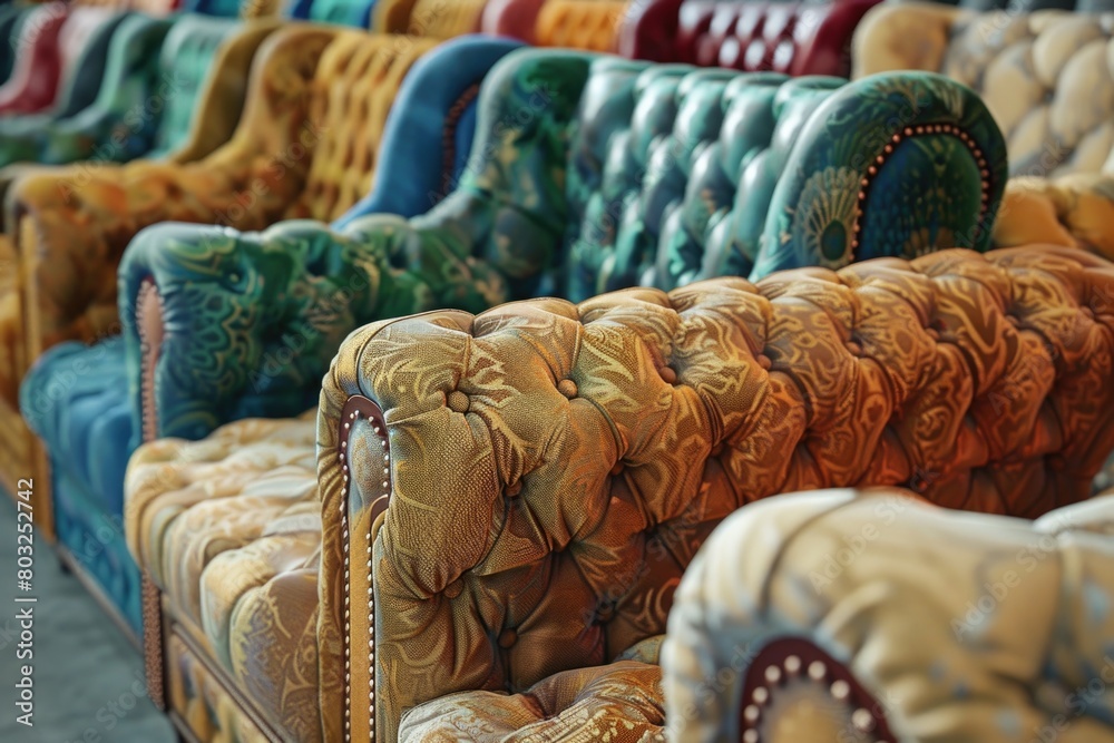 Poster a row of colorful couches in a room, suitable for interior design concepts
