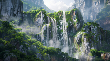 A towering waterfall cascades down a moss-covered cliff face, creating a misty spray that hangs in the air, Generative AI