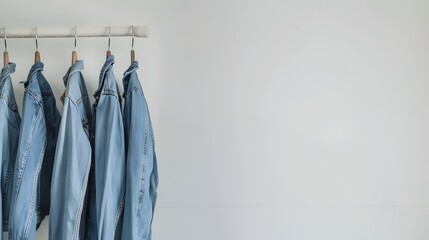 Neatly Arranged Blue Denim Jeans Hanging in a Minimalist Wardrobe Setting
