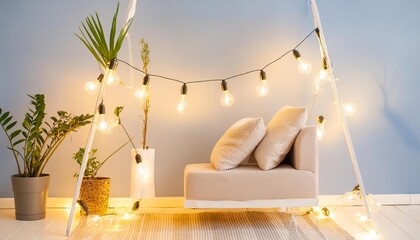 Modern home decor items, lights, flower vase, fish bow and others, simple cozy colorful decors for living space - obrazy, fototapety, plakaty