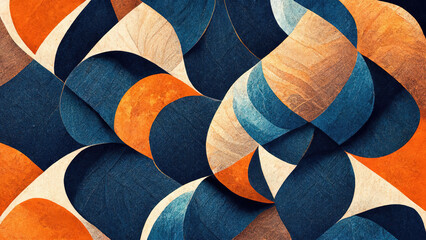 Blue and orange spiralling geometric jean and suede texture background