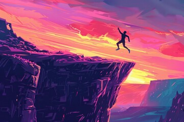 A thrilling image of a person leaping off a cliff into the open sky. Ideal for illustrating courage and taking risks