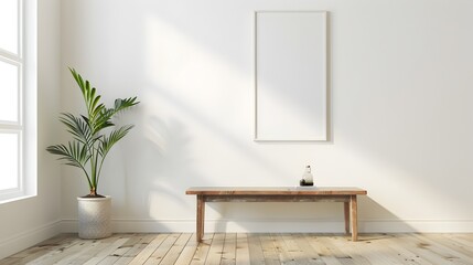Peaceful and Elegant Minimalist Interior with Wooden Table and Potted Plant