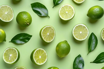 vibrant fresh limes with leaves on light green background flat lay composition food photography