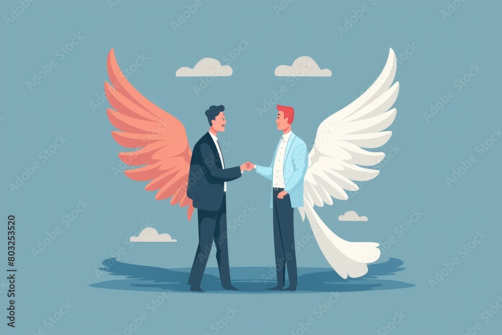 Poster two men shaking hands with wings on a blue background. suitable for business or teamwork concepts