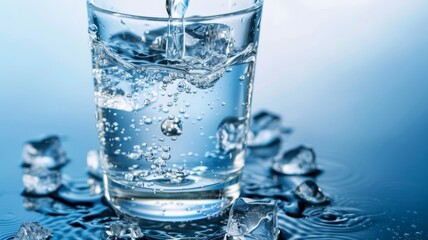 A glass filled with water sitting among ice cubes on a table