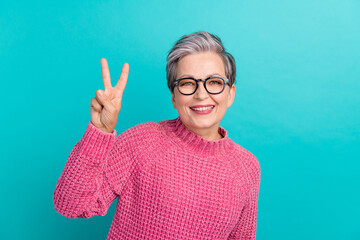 Photo of cheerful pleasant woman with short hairdo dressed pink sweater in glasses showing v-sign...