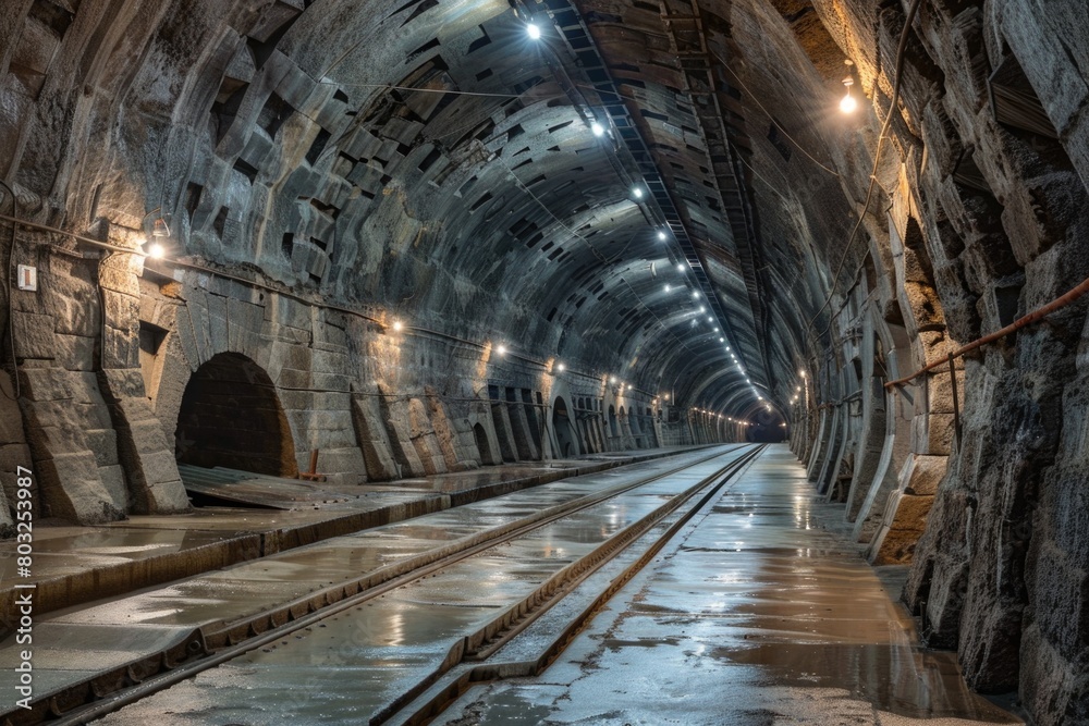 Poster a train is coming down the tracks in a tunnel. suitable for transportation and travel concepts