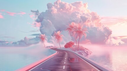 A beautiful pink and blue landscape with a road leading to a small island with palm trees. The sky is filled with pink clouds and the water is a light blue.