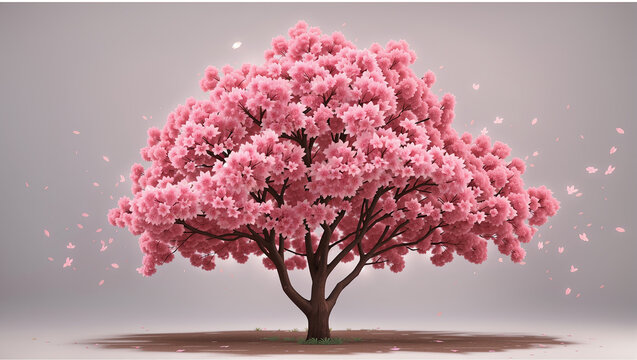 A digital painting of a single pink tree in full bloom against a white background.

