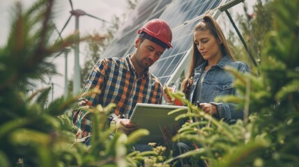 Agricultural Engineers Using Tablet in Greenhouse. Two agricultural engineers using a digital tablet among tall green plants in a modern greenhouse.