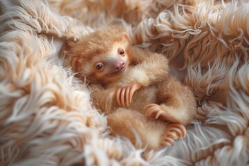 Naklejka premium A sweet baby sloth cradled in the comfort of plush beige fur