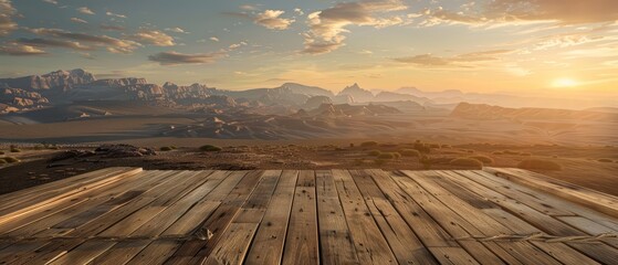A wooden dock overlooks a beautiful landscape of mountains and a setting sun - Powered by Adobe