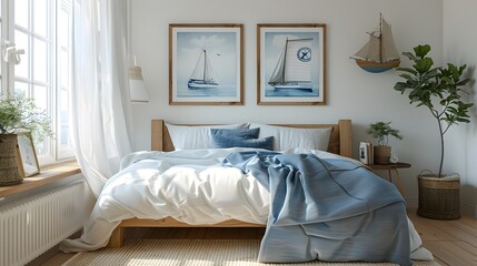 Cozy Sailor-Themed Kid's Bedroom with Framed 3D Nautical Poster Wall Art