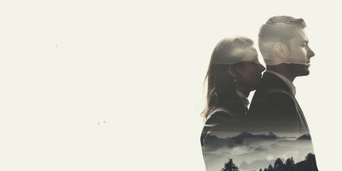 Double exposure, portrait of a couple in love and a bleak depressing landscape. Minimalist and elegant, white background. Creative concept of problems in marriage, rift, crisis, copy space.