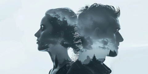 Double exposure, portrait of a couple in love and a bleak depressing landscape. Minimalist and elegant, white background. Creative concept of problems in marriage, rift, crisis.