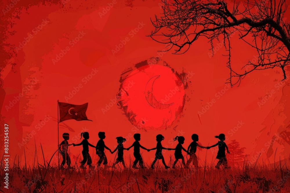 Poster A group of people holding hands in a beautiful field. Perfect for teamwork and unity concepts