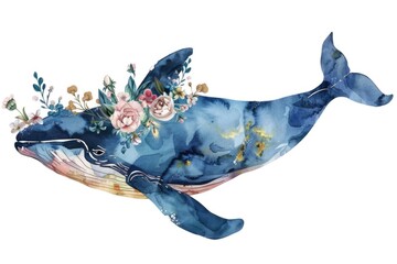 Beautiful watercolor painting of a blue whale surrounded by flowers. Perfect for nature lovers and marine enthusiasts
