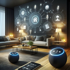 a contemporary house equipped with smart speakers Smart Home and automation concepts: lights and thermostat connected and controlled from a single device