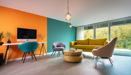 Modern living room interior, minimalistic, simple colorful walls