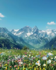 Generate a high-resolution image of a beautiful mountain landscape with a foreground of wildflowers
