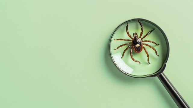 Nahaufnahme von gef&auml;hrlicher Zecke unter Lupe, isoliert auf gr&uuml;nem Hintergrund, Draufsicht