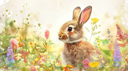 A cute rabbit surrounded by colorful flowers. Perfect for nature or wildlife themed projects