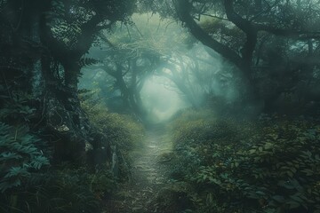 A dark and mysterious forest path, lit only by a few rays of sunlight
