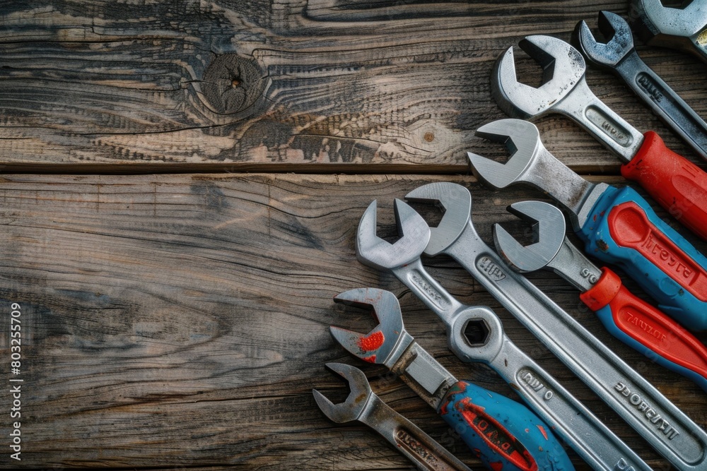 Poster various wrenches neatly arranged on a wooden table. ideal for construction or diy projects