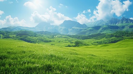 Obraz premium A green field with looming mountains in the distance under a clear sky