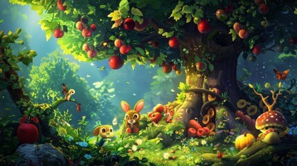 Enchanted forest scene with whimsical tree, oversized fruits, and playful animals