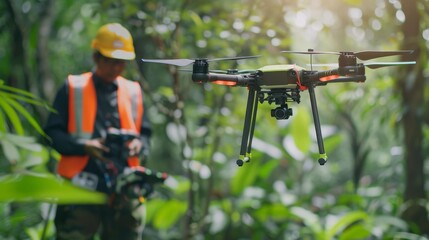 A man in a hard hat and safety vest operates a drone in a lush green forest.