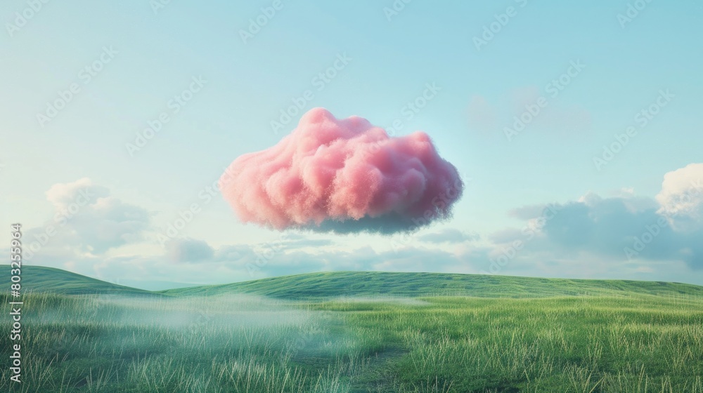 Poster a serene pink cloud hovering above a lush green field. ideal for nature or weather concepts