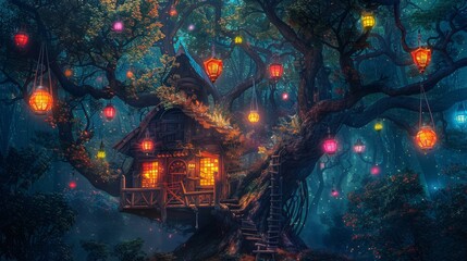 Magical treehouse with twinkling lights set in a mystical forest