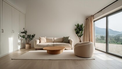 Fototapeta na wymiar Modern living room interior, minimalistic, simple colorful walls, cozy furniture