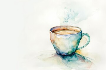Aquarelle painting of a cup of coffee on a white background. The cup is blue and green, and the coffee is brown. The painting has a loose, sketchy style.