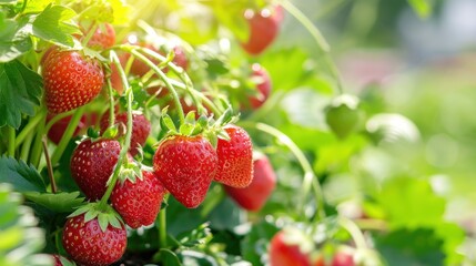Ripe strawberries growing on the plant in the garden, closeup view - Powered by Adobe