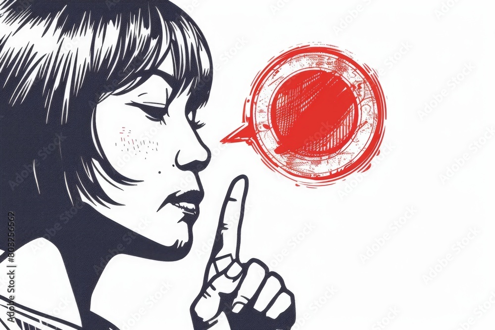 Poster a woman pointing at a red object, suitable for various concepts