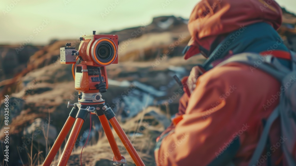 Leinwandbilder a man standing with a camera on a tripod. suitable for photography and technology concepts